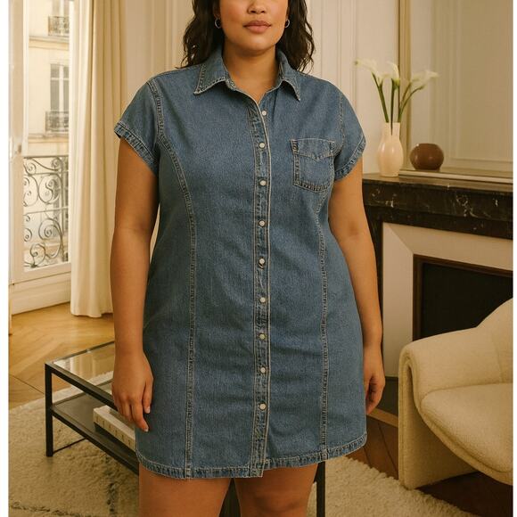 Vintage Tommy Hilfiger Y2K Denim Mini Dress Pearl Button Front Western Size 14 - Picture 1 of 15